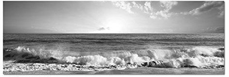 Leinwandfoto als Panorama SCHWARZ/WEISS 120x40cm Meer Strand Wellen Sonnenuntergang Wolken