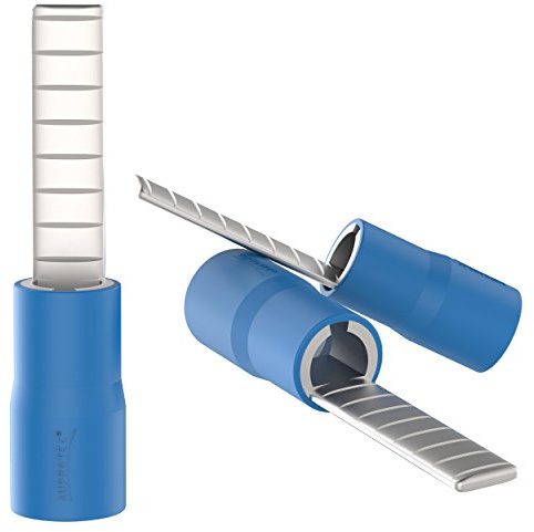 AUPROTEC 50x Capicorda a Puntale 1,5-2,5 mm² blu punta 2,4 x 10 mm DBV Connettori Puntali Piatti Preisolati PVC Tipo Pin Piatto Rame Stagnato Terminali per Cavi Fili Elettrici