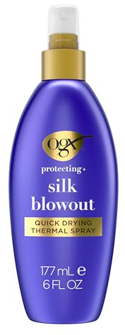 OGX Protecting + Silk Blowout Quick Drying Thermal Protection Spray, Heat Protectant Spray Shields Hair up to 450°F For Soft, Shiny Hair and Big, Beautiful Blowouts, Light Hold, 6 fl. oz