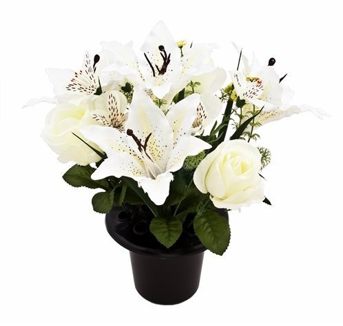 Artificial Silk Rose Lily & Alstromeria Grave Pot Flower Arrangement / Vase Insert Memorial (Cream)