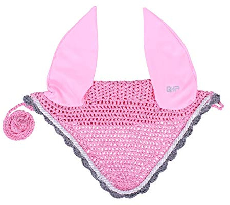qhp Fliegenhaube gehäkelte Baumwolle Zierkordel Kehlriemenschlaufen Stick-Logo (Flamingo pink, Warmblut)