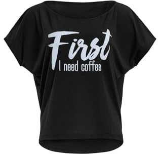 WINSHAPE Damen Ultra Leichtes Modal-Kurzarmshirt Mct002 mit Weißem Glitzer-Aufdruck „First I Need Coffee”, Winshape Dance Style T-Shirt