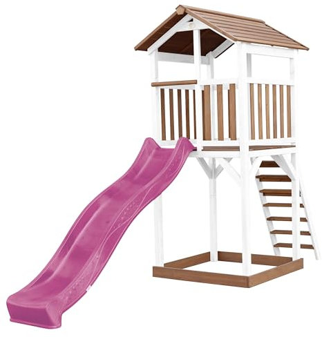 AXI Beach Tower Wooden Play Tower in Brown and White | Play tower with sandpit and purple slide | Play house on stilts for the garden