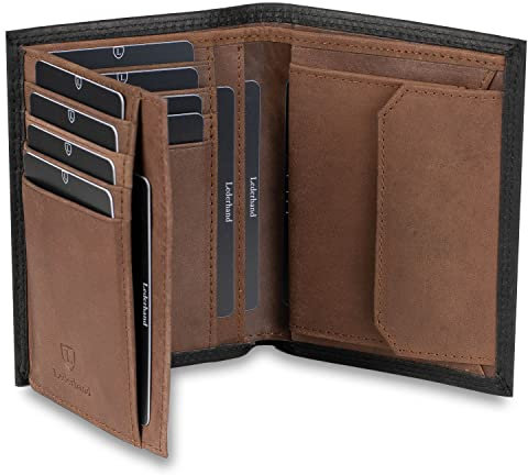 iClassy Hochformat - Echtleder Geldbörse handgemacht und doppelt genäht Portemonnaie mit Münzfach und Platz für 13 Karten + 1 Sichtfach - Geschenk | (Schwarz/Braun)