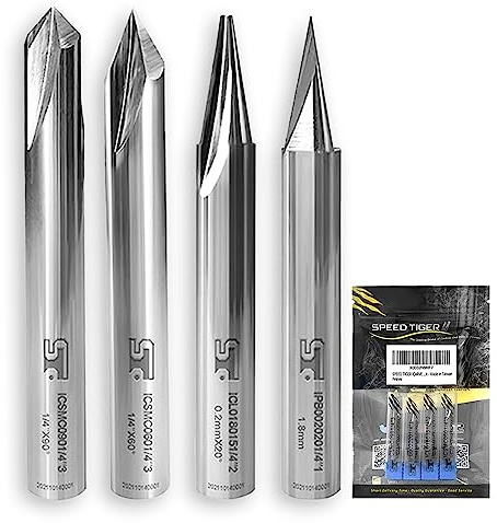 SPEED TIGER Carving Router Bit Set - ICARVE 60° & 90° V Groove, 15° Detail Carving Liner, 20° Flat Tip Profile Bit (4 Pieces) – Mill Bits Sets for DIYers & Professionals