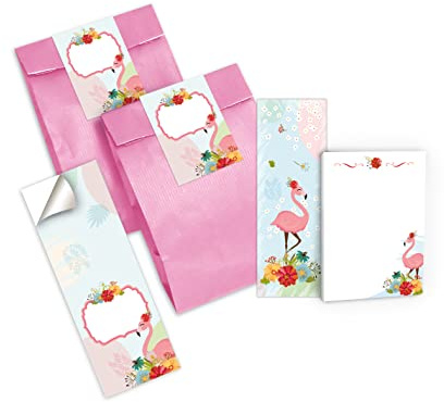 Junapack 6 Lesezeichen + 6 Mini-Notizblöcke + 6 Geschenktüten (rosa) + 6 Aufkleber Flamingo Mitgebsel Gastgeschenk beim Kindergeburtstag Mädchen