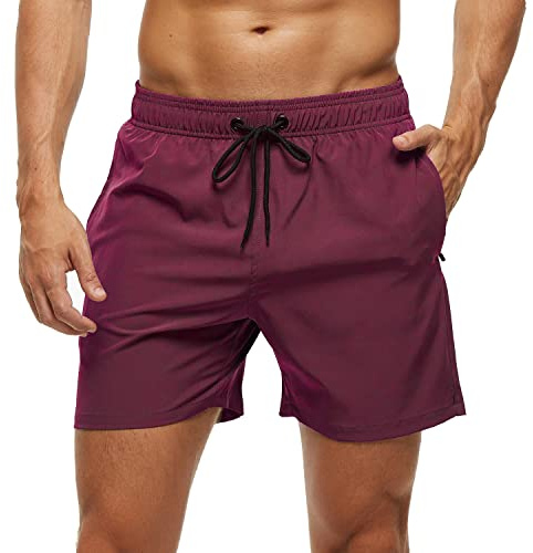 Arcweg Bañadores Hombres Pantalones Cortos Hombres Deportes con Malla Forro Elástico Correas Ajustable Bolsillos con Cremallera Secado Rápido Playa Verano Vino Tinto S(EU)