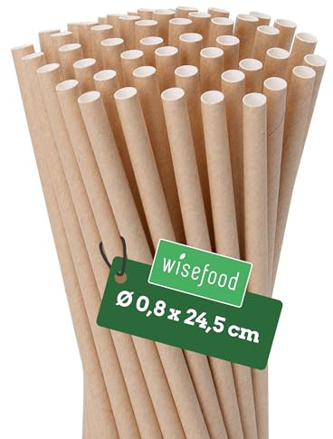 wisefood papperssugrör, 2000 st. bruna sugrör, Ø 8 mm x 24,5 cm, fria från PLA/PE, biologiskt nedbrytbara engångssugrör av robust kraftpapper