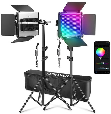 NEEWER Upgraded 660 PRO II RGB LED Video Light with App Control & Tripod Stand Kit, 2 Pack 50W/1% Min Dimming/CRI97+/3200~5600K Key Lighting for Game Streaming YouTube Recording Studio Photography