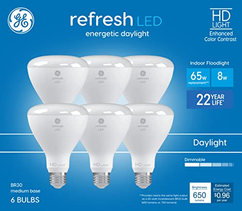 GE Refresh 6-Pack 65 W Equivalent Dimmable Daylight Br30 LED Light Fixture Light Bulb 22 Year Life