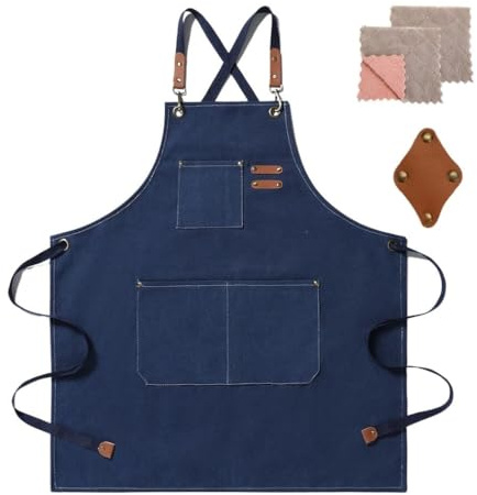 crazy bean Grembiule Cucina Uomo e Donna Tela Grembiule Barbecue con Tasche Croce Posteriore Grembiule Lavoro per Bar Barbecue Blu