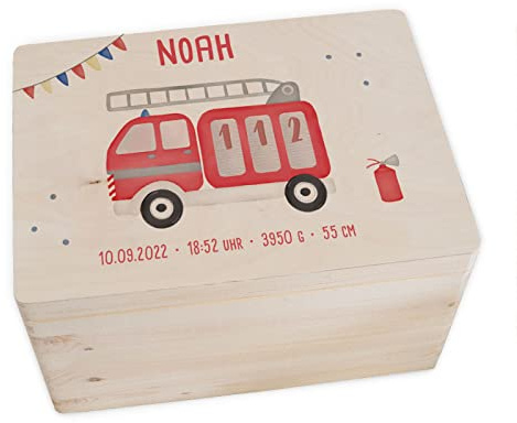 hellomini Personalisierte Erinnerungsbox Baby - Erinnerungskiste mit Namen aus Holz - Geschenk zur Geburt für Mädchen & Jungen - Babygeschenke (Feuerwehr, L: 40x30x23cm)