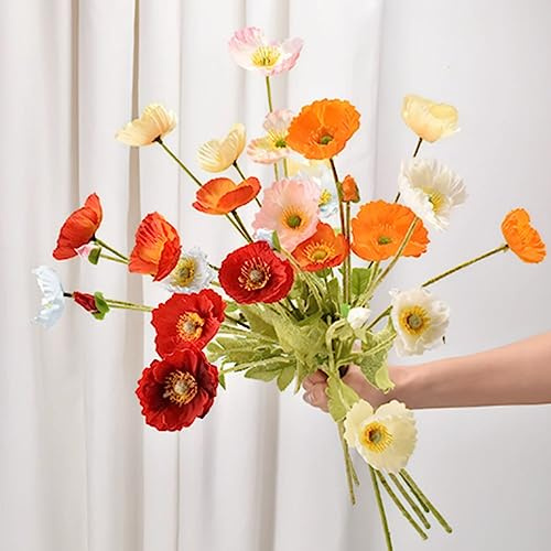 OUKEYI 6 st konstgjorda konstgjorda vallmo falska blommor heminredning, falsk vallmo blomma mittpunkt. Konstgjorda växter, korallblomsterarrangemang. Silkesblommor för dekoration (blandade färger)