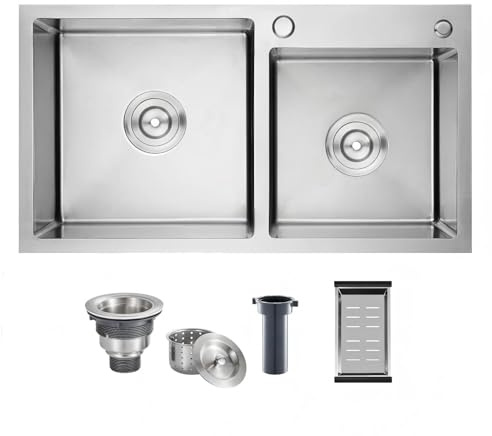 30.7x16.9 Inch Double Bowl Kitchen Sink, Drop-in/Topmount Kitchen Sink, 304 Stainless Steel Handmade Round Corner Sinks with Fruit Baskets(Silver)