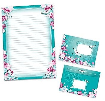 Briefpapier-Set Schreibblock liniert mit Umschlag für Mädchen Kinder Schule Schmetterlinge Blumen (1 Block A4 mit 25 Blättern + 15 passend bedruckte Briefumschläge)