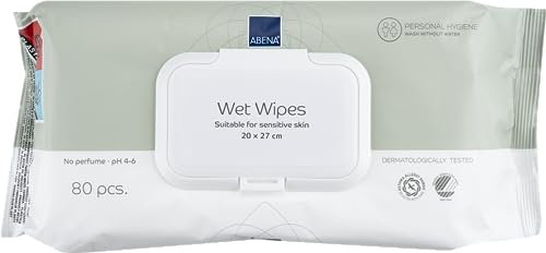Abena Wet Wipes - Pack of 80 Heavy Duty Incontinence Wipes - Fragrance & Colourant Free, Dermatologically Tested