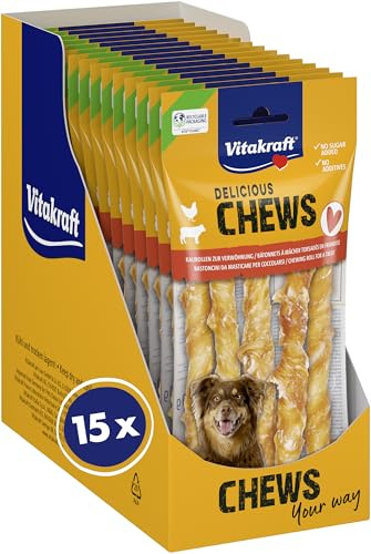 Vitakraft Delicious Chews, Hundekauknochen, Kaurollen aus Rinderhaut umwickelt mit Hühnchenfleisch, zur Beschäftigung, ohne Zusatz von Zucker (15x 90g)