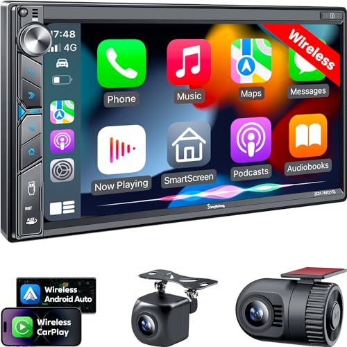 SJoyBring Upgrade Wireless Double Din Car Stereo with Apple Carplay, Android Auto, Dash Cam, Bluetooth, 4-Channel RCA, 2 Subwoofer Ports, 7 HD Capacitive Touchscreen Car Radio, 60W*4, Backup Camera