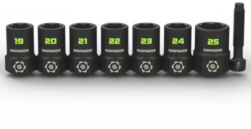 Grip Edge Gripedge-Werkzeuge, 7-teilig, 1,27 cm (1/2 Zoll) Antrieb, metrisches RPT Steckschlüssel-Set, Größen 19–25 mm, entfernt gebrochene Bolzen, abisolierte Schrauben und Radmuttern, inklusive