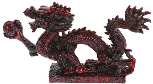 Kichvoe Chinesische Sternzeichen-Drachenfigur aus Kunstharz, 22,9 cm, dunkelrote Drachenstatue für Zuhause, Büro, Dekoration, handgefertigtes Feng Shui-Tierornament für Reichtum, Glück