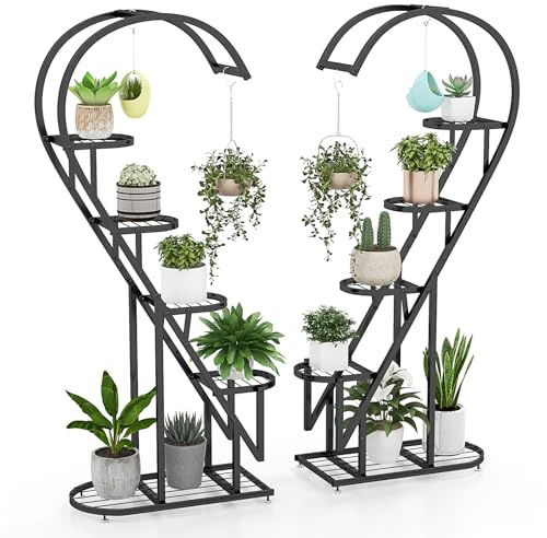 COSTWAY 5/6-Tier Tall Plant Stand, 2-Pack Ladder Plant Shelf with Hanging Hooks, Indoor Outdoor Metal Display Pot Holder for Balcony Garden Patio (Black, 71 x 30 x 148 cm, Heart-Shaped)