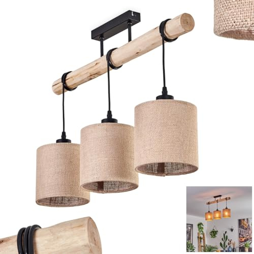 HOFSTEIN Deckenleuchte Soungou, verstellbare Deckenlampe aus Metall/Holz/Leinen in Schwarz/Natur/Beige, Leuchte im Boho/skandinavischen Design, Holzstab, max. 82cm, 3xE27, Wohnzimmer, Esszimmer, Küche