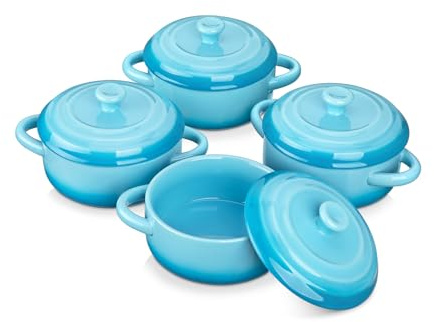 LOVECASA Mini Cocotte Set, 12 OZ Small Casserole Dishes with Lids, Soup Bowls With Handles, Individual Ramekins, Oven, Microwave & Dishwasher Safe, Set of 4, Blue