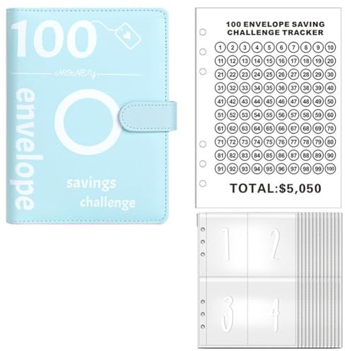 Geldspar-Challenge mit 100 Umschlägen, Challenge-Ordner mit 100 Umschlägen, Geldsparordner, Haushaltsbuch (Blau)