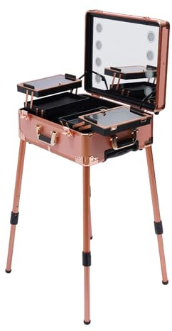 Sminkväska, trolley, sminkstation, sminkbord, professionell kosmetikväska, skönhetsväska, justerbara ben, aluminium, kosmetika, rullväska med vridbara hjul, verktygsväska, frisörväska, 4 rullar