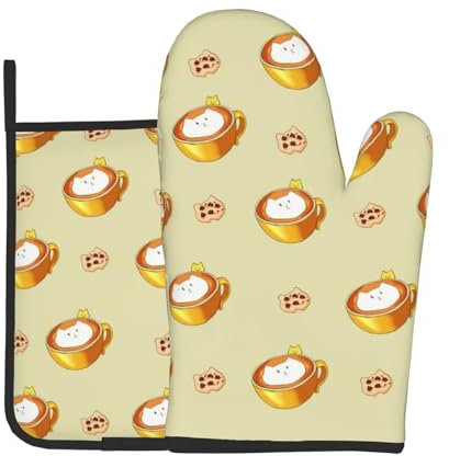 YYHWHJDE Set di 2 guanti da forno e presine con immagine di gatto in stile cartone animato per aprire i coperchi delle pentole in cucina e per trasportare piatti dal forno a microonde