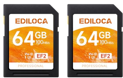 Ediloca EF2 UHS-I Speicherkarte 64GB 2er-Pack, Lesen 100MB/s, Schreiben 45MB/s, C10, U1, V10, Full-HD und 4K-Video, SD-Karte für professionelle Fotografen