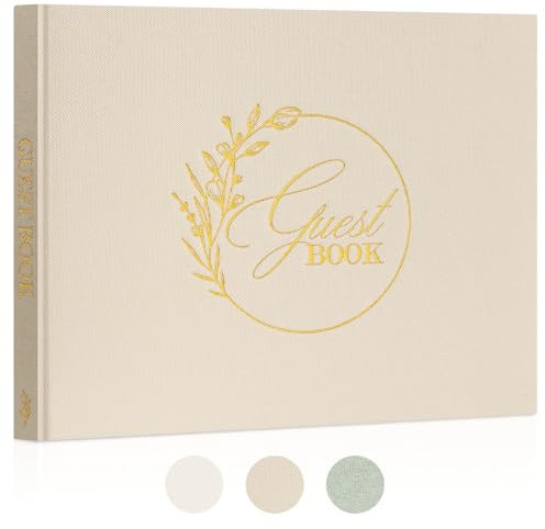 Lanpn Libro degli Ospiti di Matrimonio in Lino, Libro Dediche Matrimonio con Titolo Dorato, Wedding Guest Book di Vuoto, Ideale per Anniversari Compleanni Battesimo di Sposa (108 Pagine, Beige)