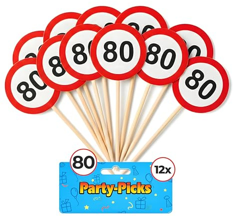 Tiwoca Deko zum 80. Geburtstag – 12 Stück rot-weiße Party-Picks mit Verkehrsschild-Optik Zahl 80 – Ausgefallene Geburtstagsdeko und lustige Geschenkideen für Männer und Frauen