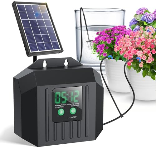 Biling 4W Solar Irrigation System for Garden, Digital Programmable Smart Watering with 2200mAh Battery, Solar Drip Irrigation System for 15 Potted Plants Outdoor Indoor Garden
