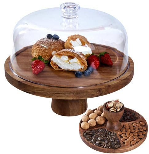 Piatto per torta con piedino, supporto per torta con coperchio, multifunzionale rotondo da 30 cm, 2 in 1, in legno di acacacia, grande cupola in acrilico