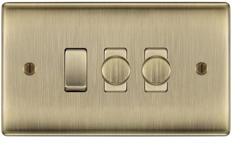 BG Antique Brass 3 Gang Switch 2x Trailing Edge LED Dimmer 1x 2 Way Custom Grid Switch