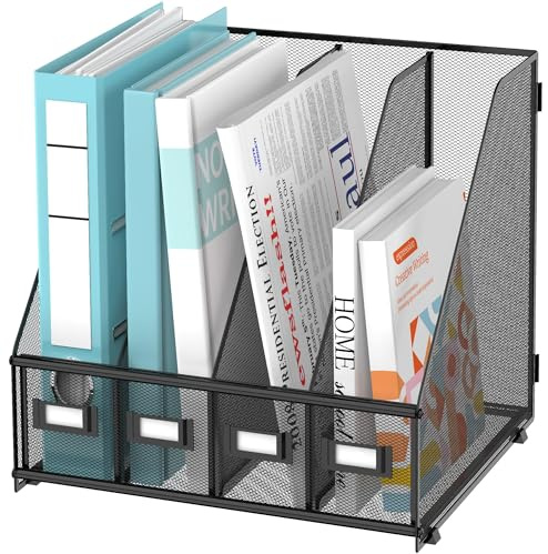 SUPEASY Magazin Aktenhalter, Binderhalter Metall Schreibtisch Organizer mit 4 Rack Fächern, Datei Organizer für Büro Home School, Schwarz