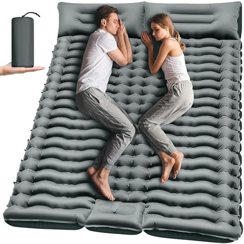 Yuzonc Doppel-Camping-Isomatte – 10,2 cm ultradickes Fußpumpen-Design, leichte aufblasbare Schlafmatte für 2 Personen mit Kissen für Rucksackreisen, Wandern, Reisen, Zelt – Grau