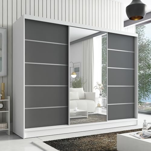 A&J MöbelLand Kleiderschrank Aurelia 1 – Schwebetürenschrank 200 cm breit mit Spiegel, 3-türig, Kleiderschrank mit Schubladen, Schiebetürenschrank für Schlafzimmer oder Garderobe