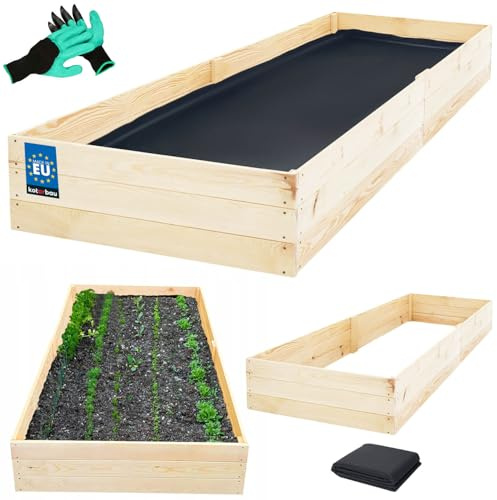 KOTARBAU® Hochbeet für Garten - 240 x 80 x 27 cm - Gemüsebeet - Pflanzkasten mit Vlies - Kräuterbeet + Handschuhe mit Krallen - Blumenkasten aus Kiefernholz - Natürlich