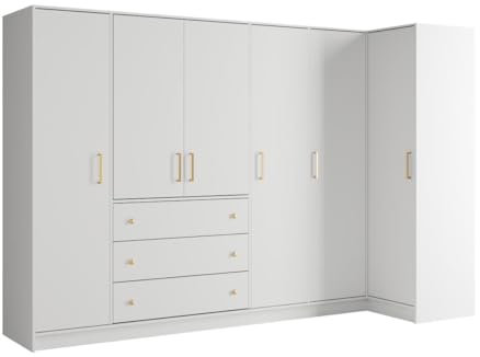 Vente-unique-Armadio angolare 6 ante e 3 cassetti L311 cm Bianco - LIZANDRO