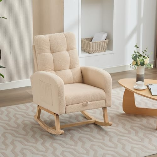 MOBETTRES Rocking Chair with Adjustable Footrest for Living Room,Teddy Fabric Rocking Chair with Solid Wooden Legs,Comfortable Lounge Armchair with Side Pockets and High Backrest(Beige,Teddy)