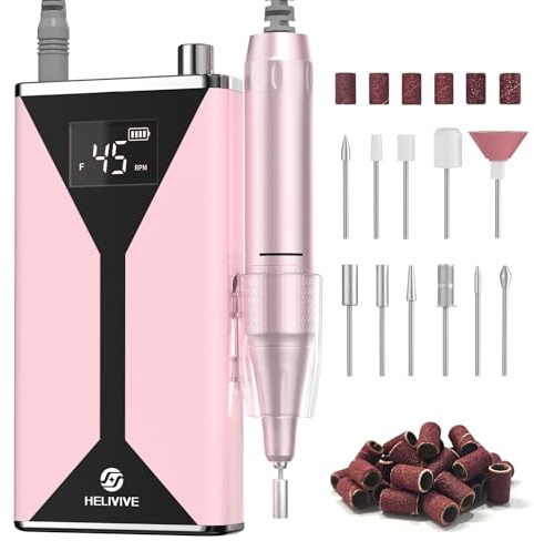 HELIVIVE Professional Electric Nail Drill 45000RPM (Portable & Rechargeable) (with 11 Drill Bits ) Cordless Nail File Machine for Shaping, Polishing & Removing Gel Nails for Salon Home (Pink)