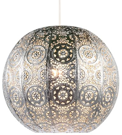 Spherical Moroccan Pendant Lighting Shade in Shiny Silver Metal - Vintage and Classic Design | 30cm x 26cm by Happy Homewares