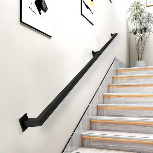 Drsyffsup Modern Staircase Banister Hand Rails -1m/2.8m/3m/3.5m/4m/4.2m - Matte Black, Wall Mount Metal Wrought Iron Handrail for Stairs Indoor Outdoor Steps - Complete Kit(9ft/2.7m)