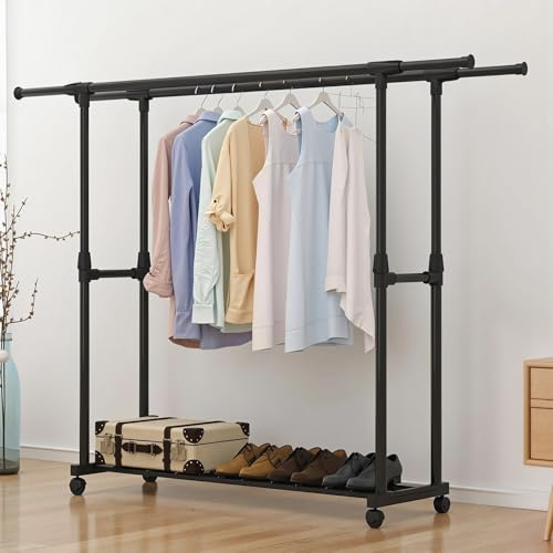 Kleiderständer auf Rollen, Ausziehbare Kleiderstange bis 150 cm, Doppelläufige Höhenverstellbare Kleiderständer mit 4 Rollen and Schuhregal, Mobiler Klamotten Ständer für Schlafzimmer Wohnzimmer