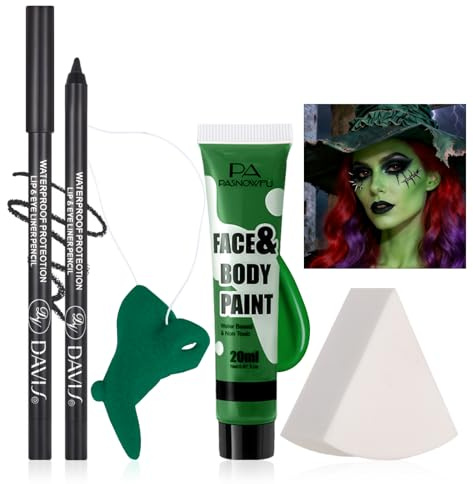 PASNOWFU Halloween Makeup Kit for Witch, Complete SFX Costume Set with Green Face Paint, Witch Fake Nose, Water-Based Face Paint Set for Halloween Cosplay SFX Makeup, Costume Parties, Theater