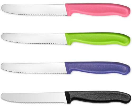 Bangbobi Set di 4 coltelli in Acciaio Inossidabile con Manico in plastica, Coltello da tavola con Lama seghettata, Set di coltelli affilati, coltellino da Pane - Nero, Rosa, Blu, Verde