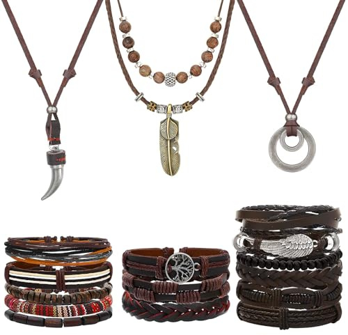 NEWITIN 17 Pieces Braided Leather Jewelry Set for Women Bohemian Costume Jewels Faux Leather Necklace Bracelet Bohemian Jewelry Set for Women