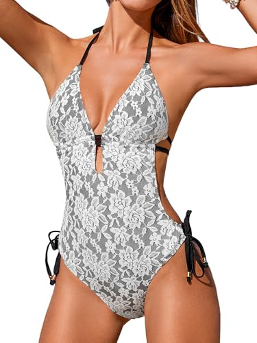 CUPSHE Damen Badeanzug V Ausschnitt Halter Selbstbindend Textur Bademode | Einteiliger Tiefer Schwimmanzug, Abnehmbare Soft Cups, Seitlicher Bindegürtel, Offener Rücken, Spitzen Jacquard Stoff